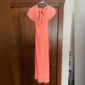 Hot pink, short sleeve, low back, formal midi dress